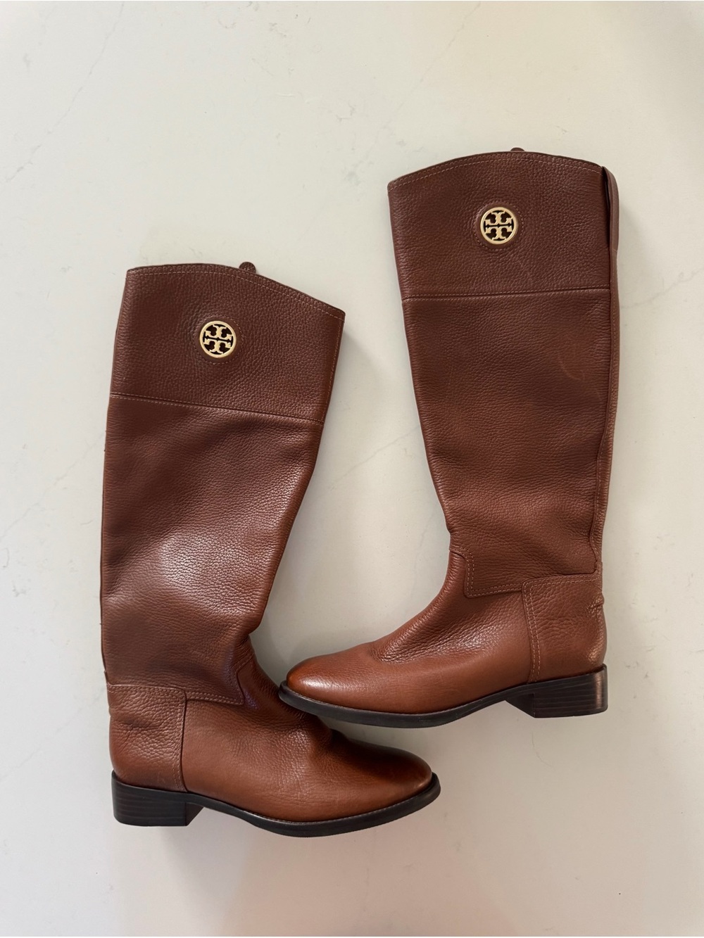 Tory Burch Chestnut Brown Leather Boots with Gold Logo